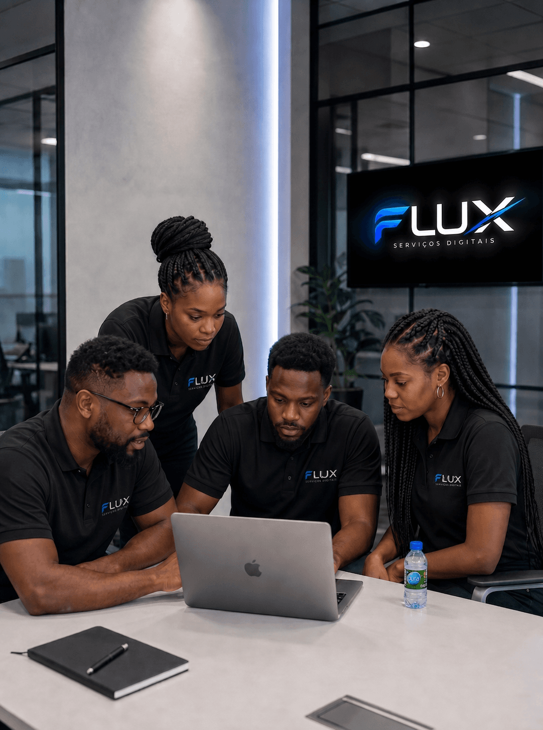 Quatro membros da equipa Flux, de polo preto com o bordado F+LUX, reunidos à volta de um portátil numa sala de reuniões.